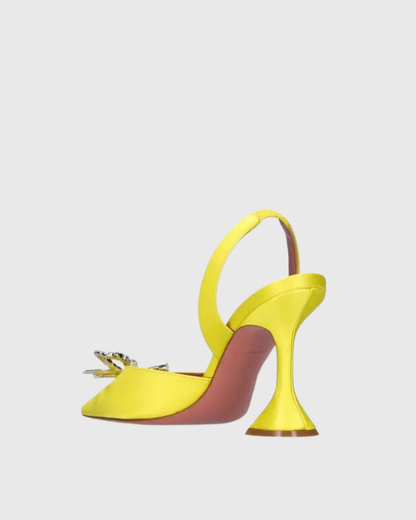 Fedora Crystal Bow Satin Slingback Pumps In Yellow