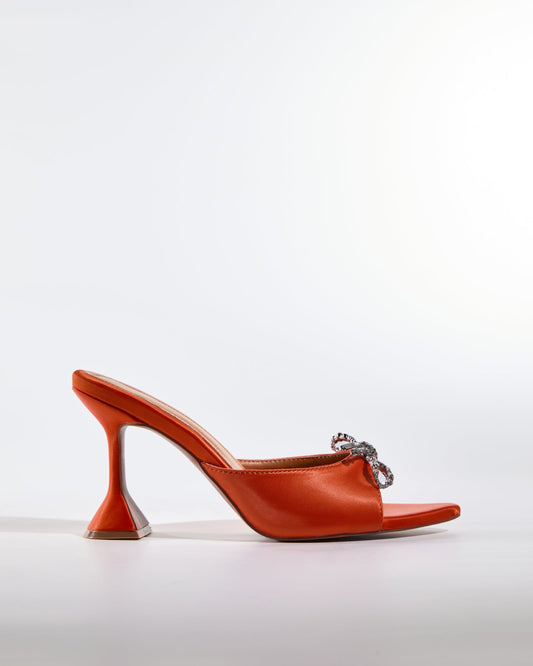 Fedora Crystal Bow Satin Flared Heels In Orange