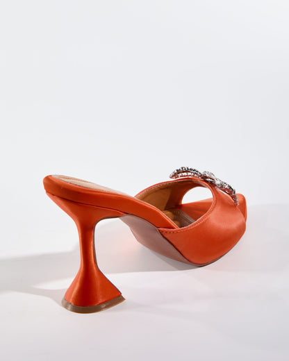 Fedora Crystal Bow Satin Flared Heels In Orange