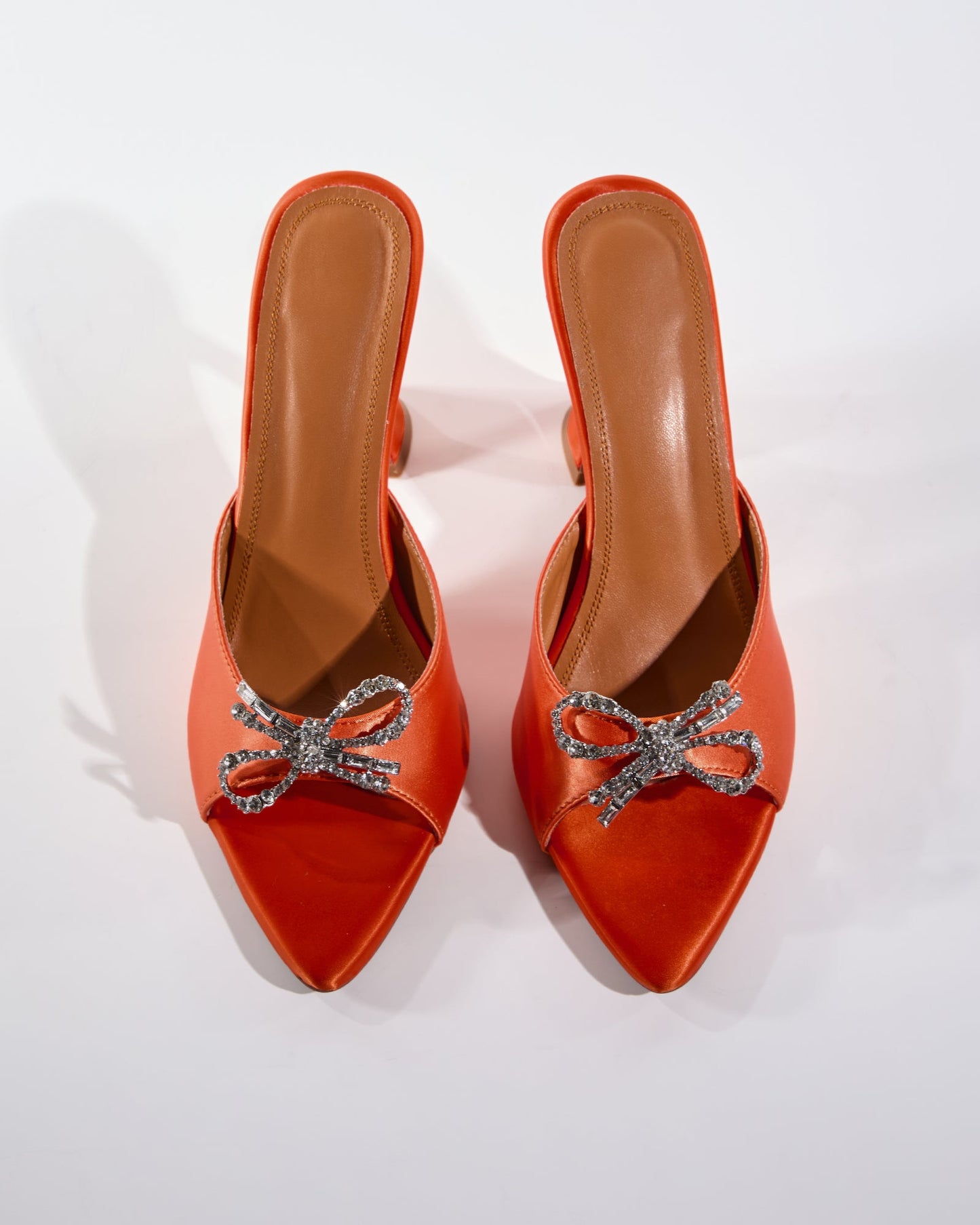 Fedora Crystal Bow Satin Flared Heels In Orange