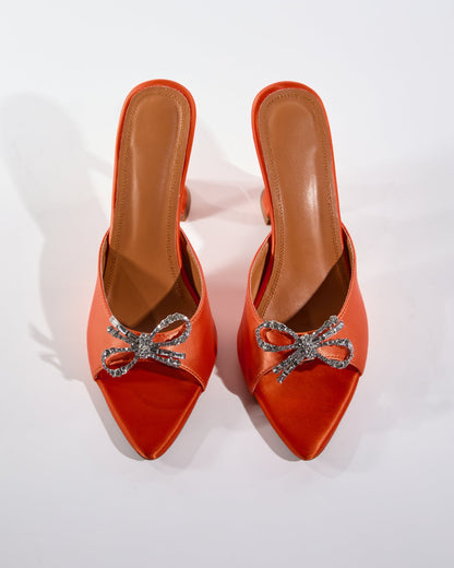 Fedora Crystal Bow Satin Flared Heels In Orange