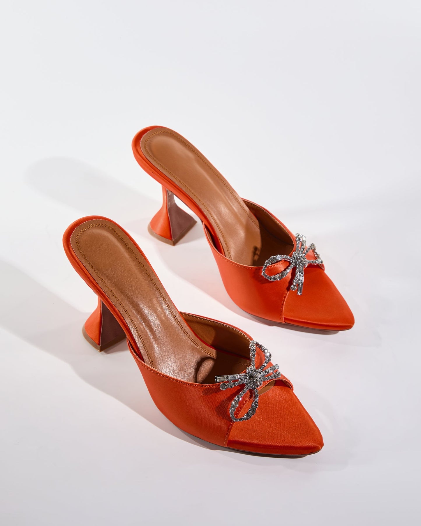 Fedora Crystal Bow Satin Flared Heels In Orange
