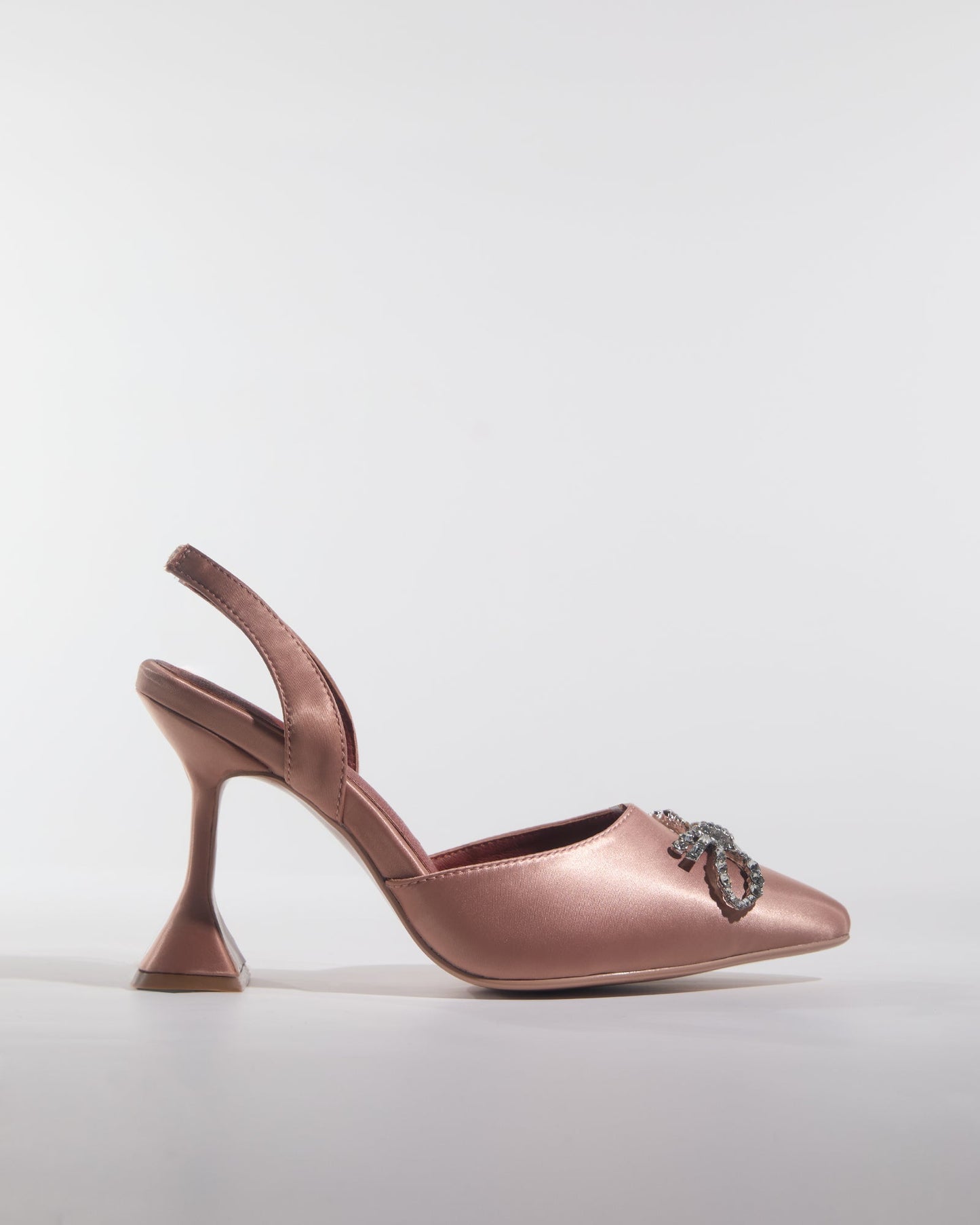 Fedora Crystal Bow Satin Slingback Flared Heels In Champagne