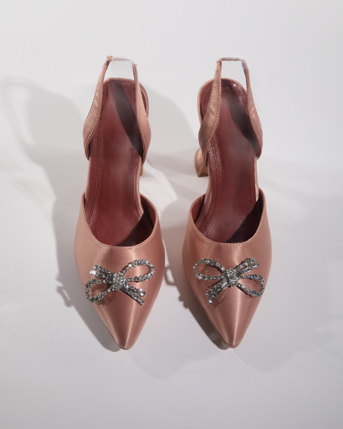 Fedora Crystal Bow Satin Slingback Flared Heels In Champagne