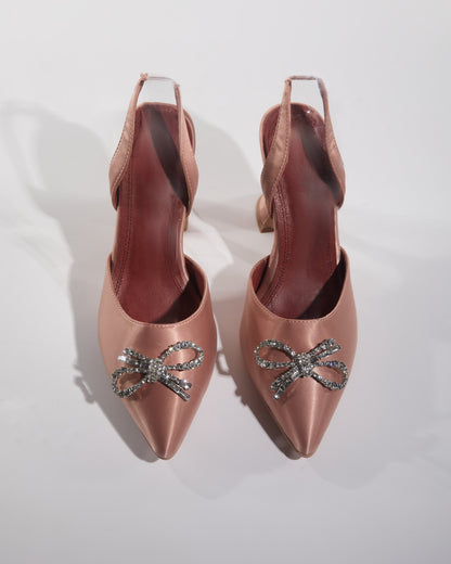Fedora Crystal Bow Satin Slingback Flared Heels In Champagne