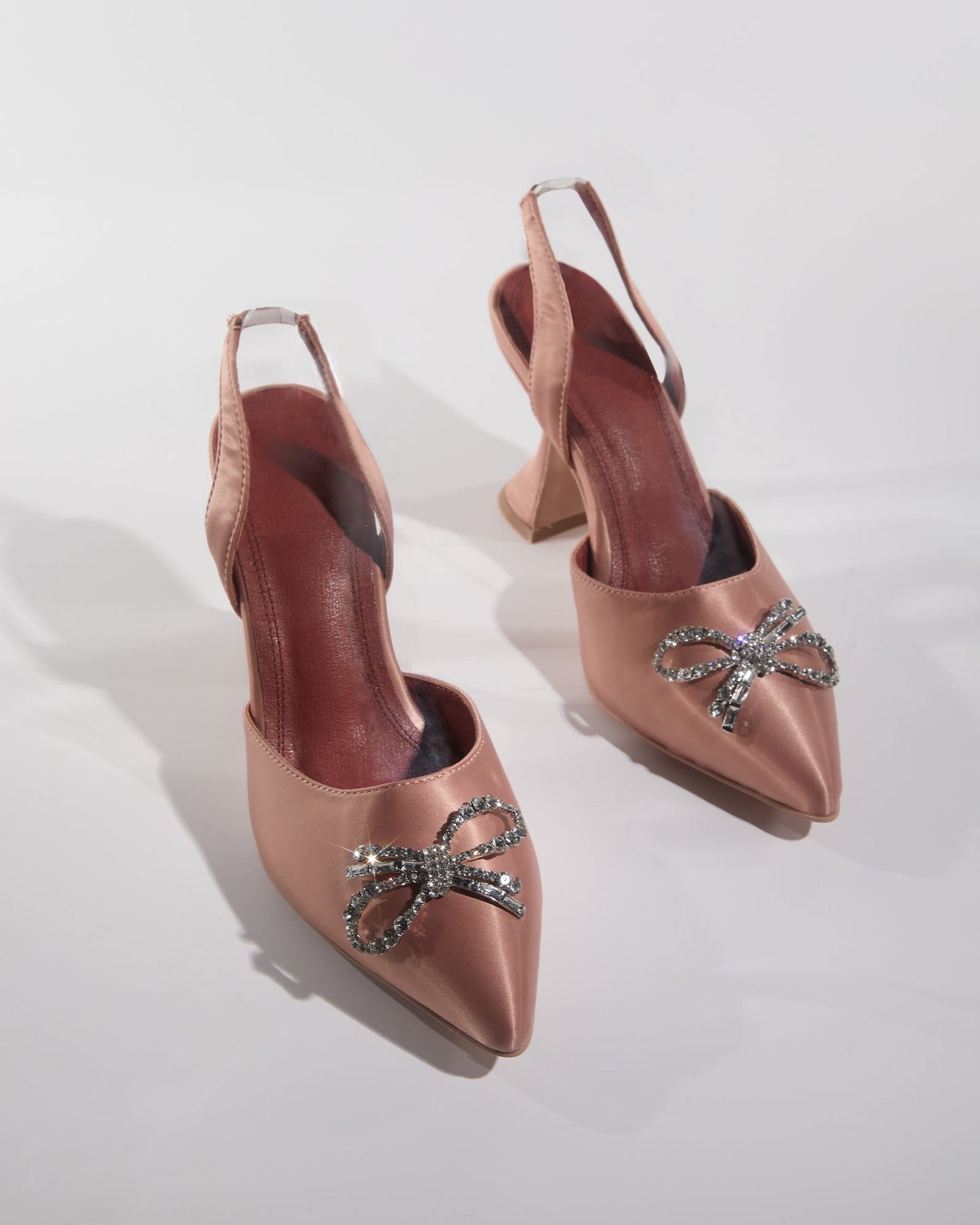 Fedora Crystal Bow Satin Slingback Flared Heels In Champagne