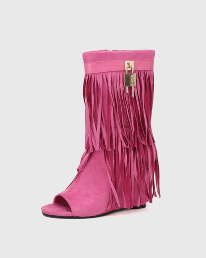 Fella Fringe Open Toe Ankle Boots In Pink