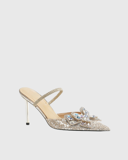 Flora Sequin Butterfly Mules In Gold