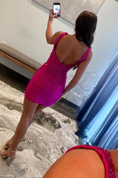 Stunning Fuchsia Bodycon Dress with Deep V-Neck and Glitter Details Homecoming Dress
