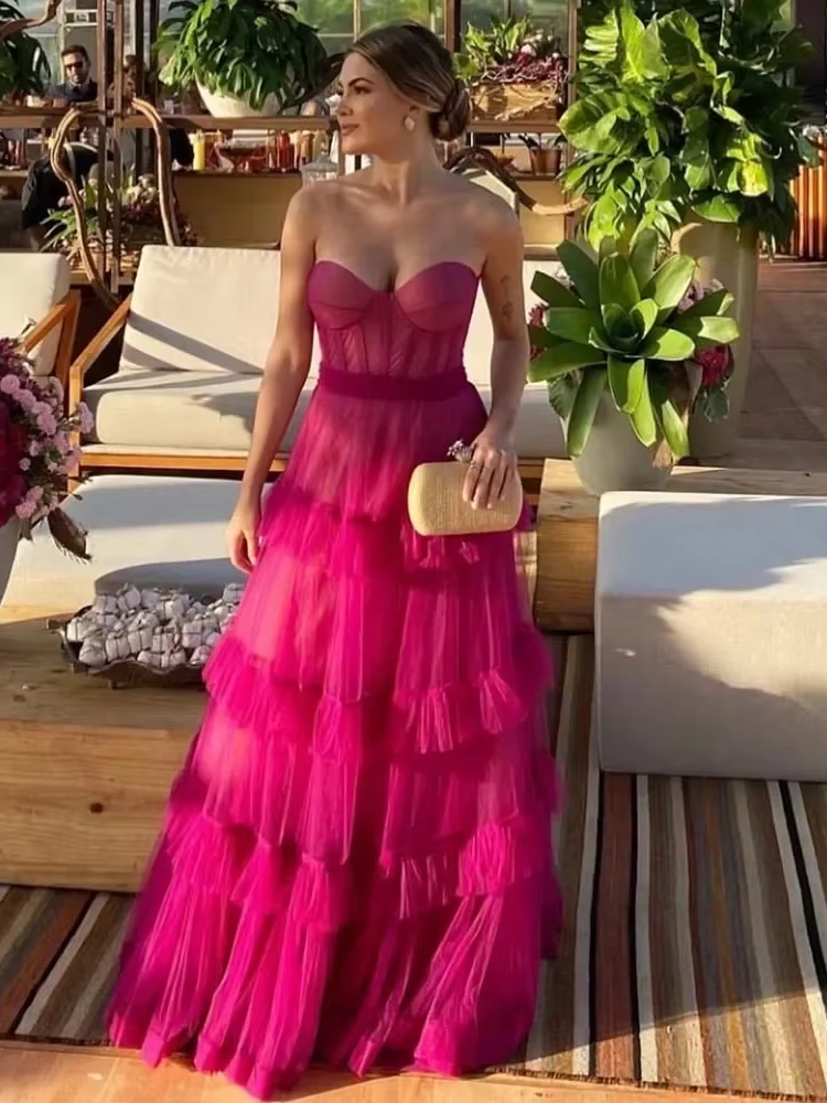 Fuchsia Layered Tulle Prom Dress A Line Classy Evening Gowns Long