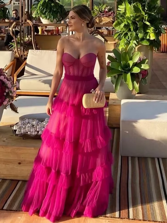 Fuchsia Layered Tulle Prom Dress A Line Classy Evening Gowns Long