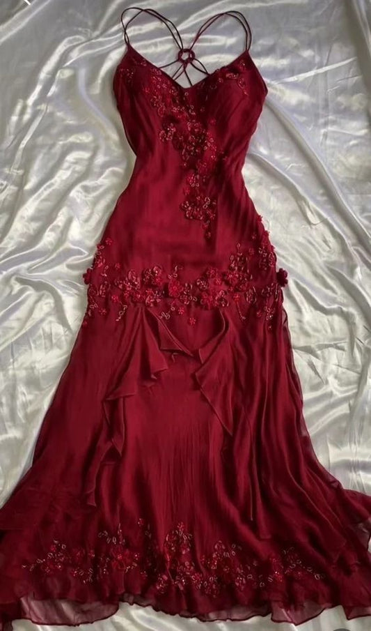 Vintage Spaghetti Straps Burgundy Chiffon Long Prom Dress Woman