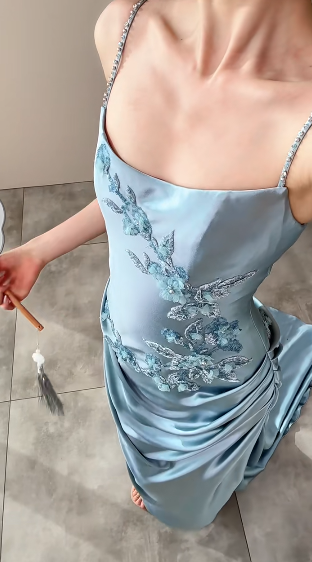 Stunning Mermaid Sapghetti Straps Satin Pleated Applique Long Prom Dress,Party Dress,Evening Dress GG3604