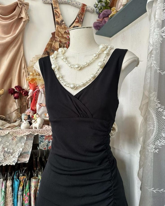 Black A Line V Neck Satin Pleated Long Prom Dress,Party Dress,Evening Dress GG3625