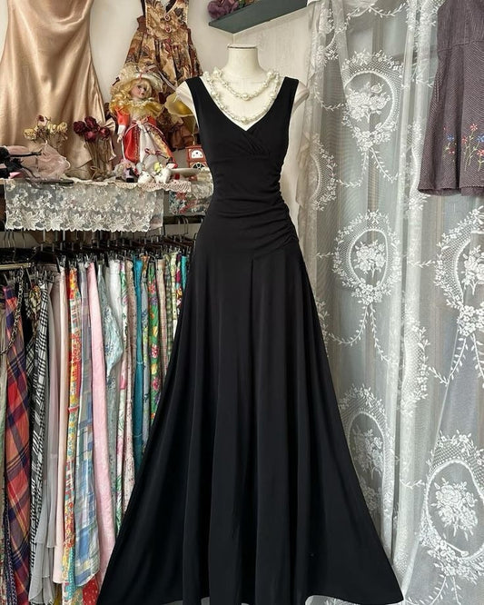 Black A Line V Neck Satin Pleated Long Prom Dress,Party Dress,Evening Dress GG3625