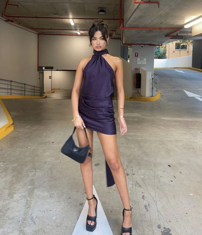 Purple Mermaid Halter Satin Pleated Short Homecoming Dress,Summer 18th Birthday Dress GG3834