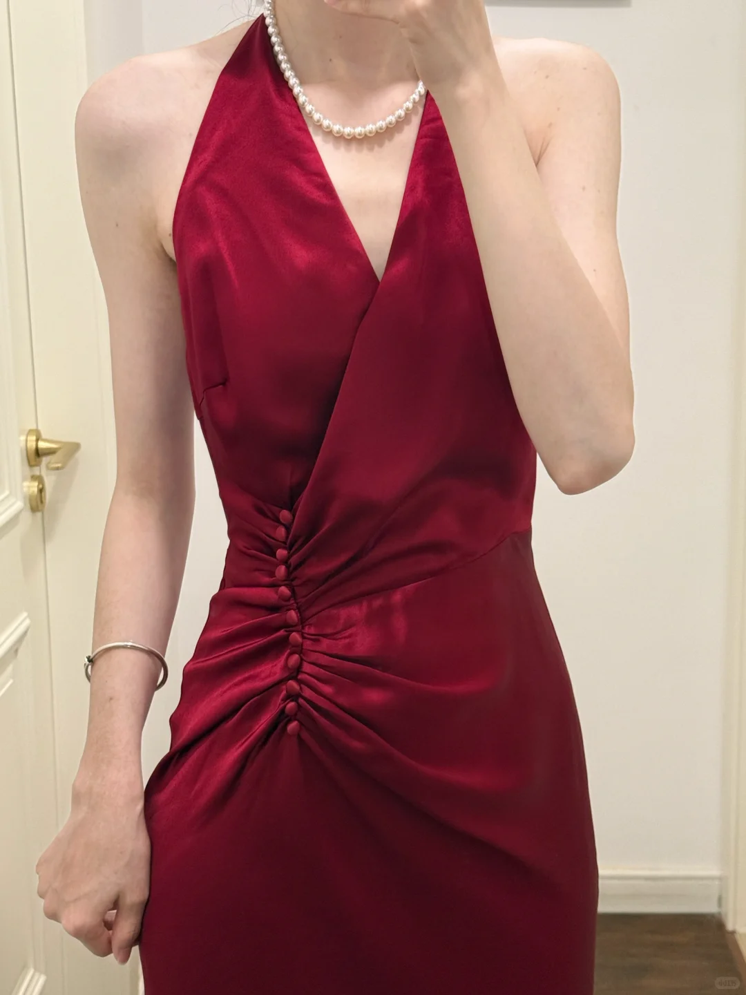 Burgundy Mermaid Halter V Neck Satin Pleated Long Prom Dress,Party Dress,Evening Dress GG3874