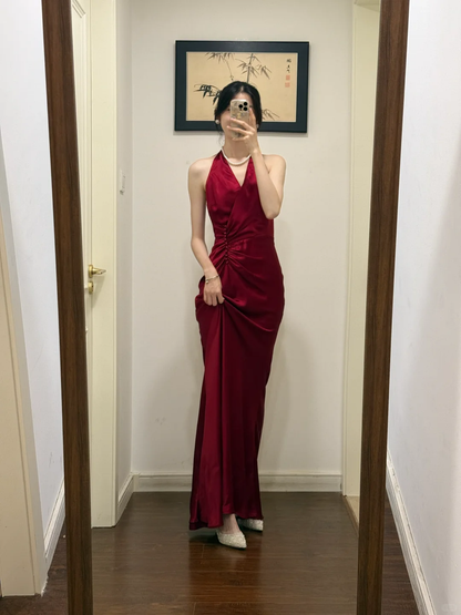 Burgundy Mermaid Halter V Neck Satin Pleated Long Prom Dress,Party Dress,Evening Dress GG3874