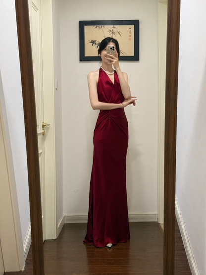 Burgundy Mermaid Halter V Neck Satin Pleated Long Prom Dress,Party Dress,Evening Dress GG3874