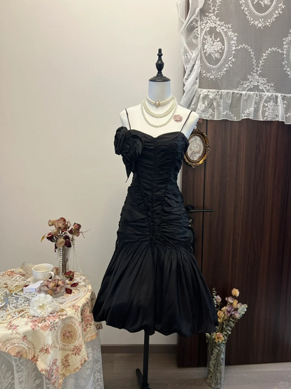 Vintage Mermaid Spaghetti Straps Black Satin Pleated Short Homecoming Dress,Summer 18th Birthday Dress GG3941