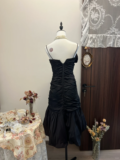 Vintage Mermaid Spaghetti Straps Black Satin Pleated Short Homecoming Dress,Summer 18th Birthday Dress GG3941