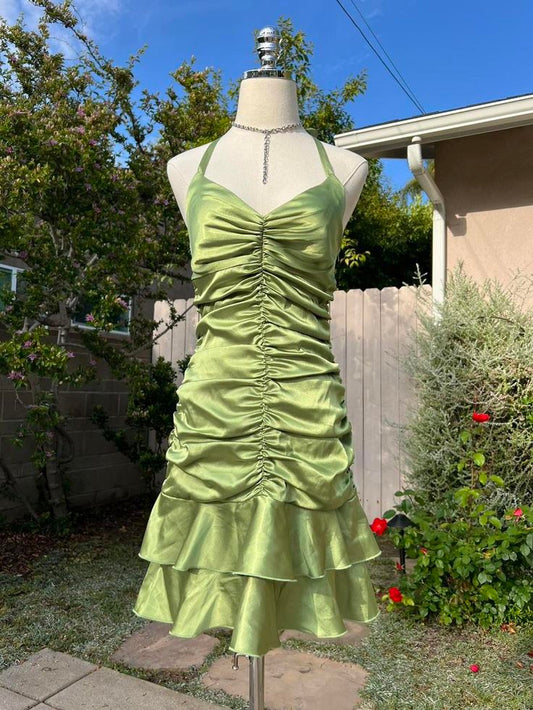 Chic Mermaid Halter Satin Pleated Short Homecoming Dress,Summer 18th Birthday Dress GG3955