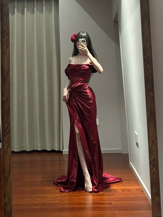 Burgundy Mermaid Off The Shoulder Satin Pleated Slit Long Prom Dress,Party Dress,Formal Evening Dress GG4218