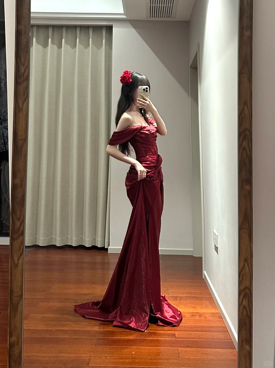 Burgundy Mermaid Off The Shoulder Satin Pleated Slit Long Prom Dress,Party Dress,Formal Evening Dress GG4218