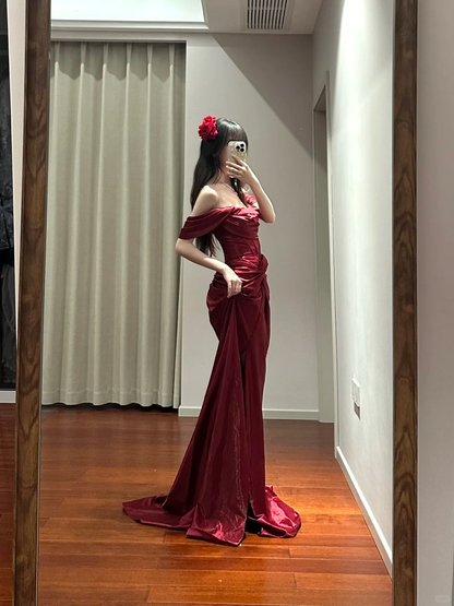Burgundy Mermaid Off The Shoulder Satin Pleated Slit Long Prom Dress,Party Dress,Formal Evening Dress GG4218