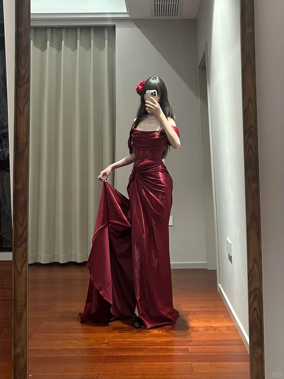 Burgundy Mermaid Off The Shoulder Satin Pleated Slit Long Prom Dress,Party Dress,Formal Evening Dress GG4218