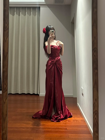 Burgundy Mermaid Off The Shoulder Satin Pleated Slit Long Prom Dress,Party Dress,Formal Evening Dress GG4218