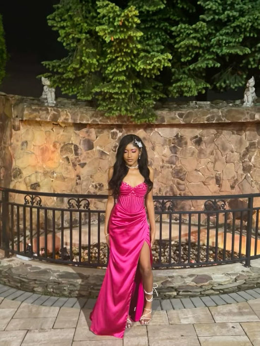 Pretty Mermaid Strapless Satin Pleated Sequin Slit Long Prom Dress,Party Dress,Formal Evening Dress GG4287