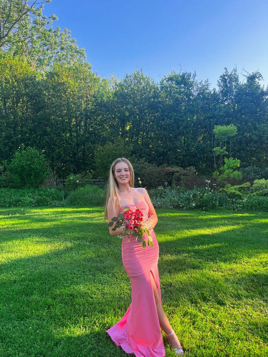 Elegant Mermaid Strapless Satin Pleated Slit Long Prom Dress,Party Dress,Formal Evening Dress GG4290