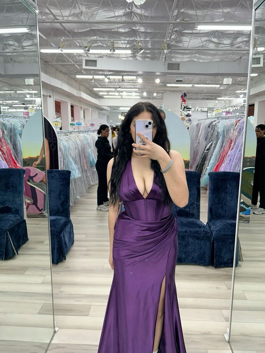 Purple Mermaid Halter Pleated Satin Slit Long Prom Dress,Party Dress,Formal Evening Dress GG4403