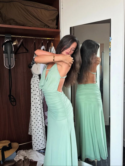 Unique Mermaid Halter Satin Pleated Backless Long Prom Dress,Party Dress,Formal Evening Dress GG4409