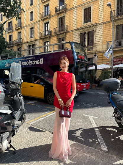 Pretty Mermaid Boat Neck Pleated Satin With Chiffon Hem Long Prom Dress,Party Dress,Formal Evening Dress GG4502