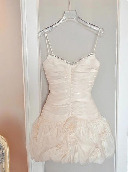 Cute A Line Spaghetti Straps Satin Pleated Satin Beads Short Homecoming Dress,Summer 17th Birthday Dress GG4578