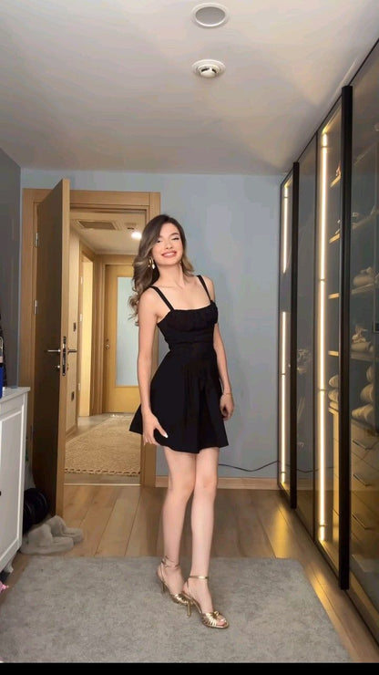 Classy A Line Spaghetti Straps Black Satin Short Homecoming Dress,Vacation Dress,Summer 20th Birthday Dress GG4615