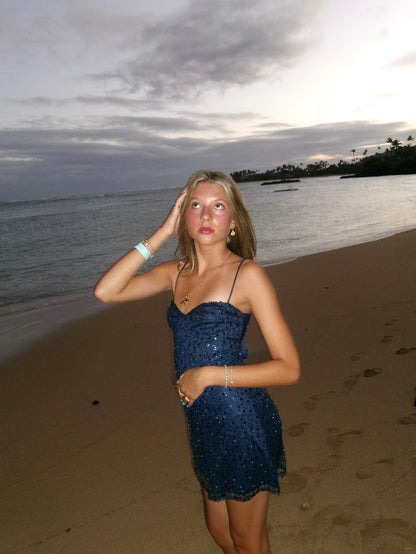 Sparkles Mermaid Spaghetti Straps Navy Sequin Short Homecoming Dress,Vacation Dress,Summer 21th Birthday Dress GG4621