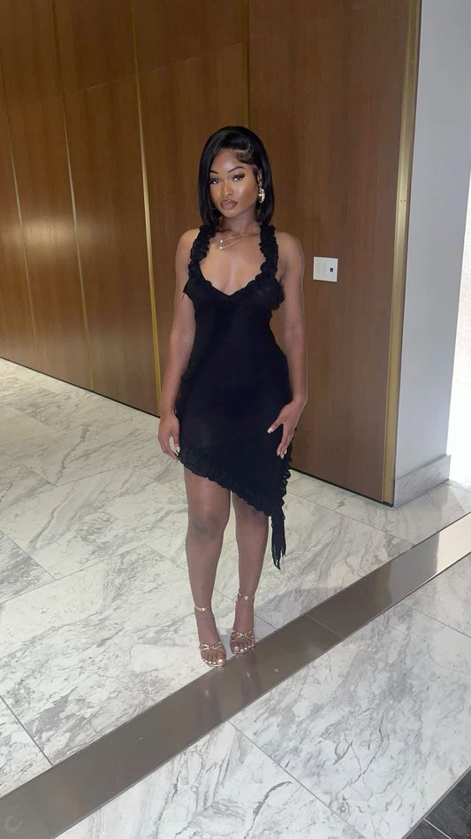 Unique Mermaid Halter Black Satin Chiffon Ruffle Short Homecoming Dress,Vacation Dress,Summer 20th Birthday Dress GG4625