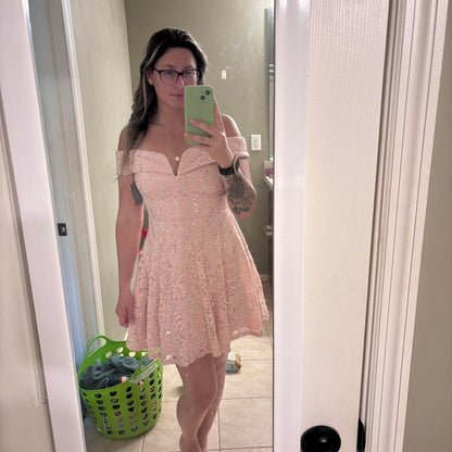 Shiny A Line Off The Shoulder Pink Lace Sequin Short Homecoming Dress,Vacation Dress,Summer 17th Birthday Dress GG4628