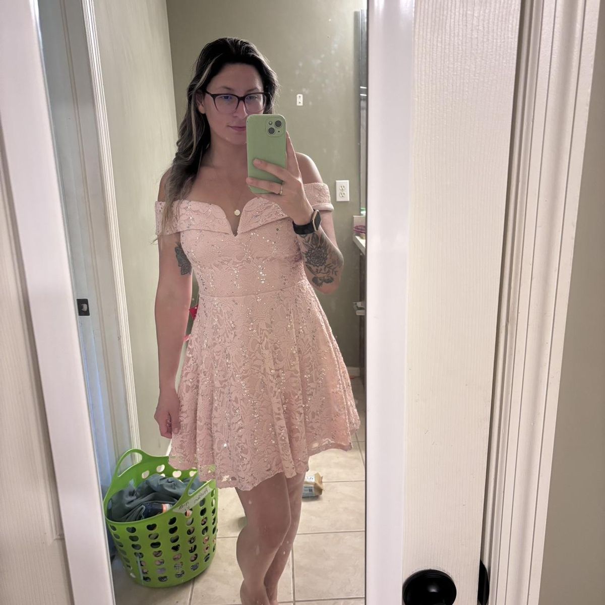 Shiny A Line Off The Shoulder Pink Lace Sequin Short Homecoming Dress,Vacation Dress,Summer 17th Birthday Dress GG4628