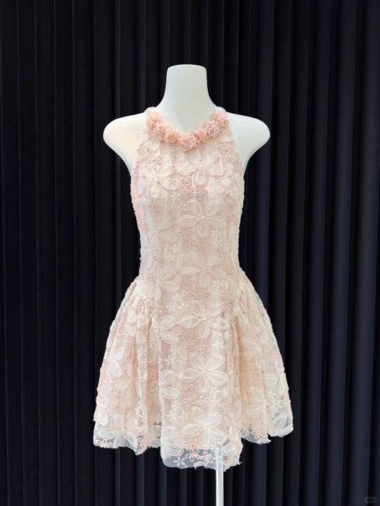 Cute A Line Halter Lace Floral Short Homecoming Dress,Vacation Dress,Summer 16th Birthday Dress GG4642