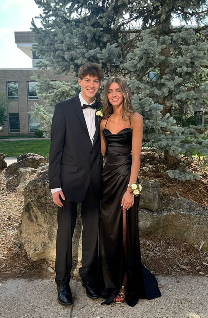 Modest Mermaid Spaghetti Straps Black Pleated Satin Slit Long Prom Dress,Party Dress,Formal Evening Dress GG4669