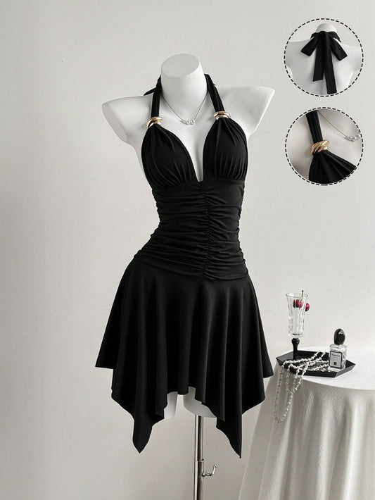 Chic A Line Halter Black Pleated Satin Short Homecoming Dress,Vacation Dress,Summer 17th Birthday Dress GG4675