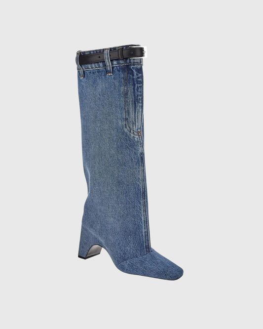 Gaetana Buckle Denim Knee High Boots