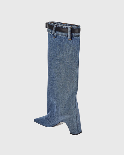 Gaetana Buckle Denim Knee High Boots