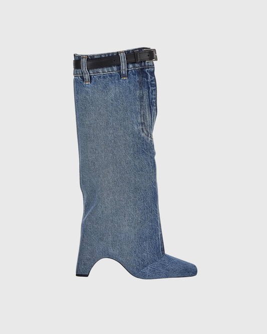 Gaetana Buckle Denim Knee High Boots