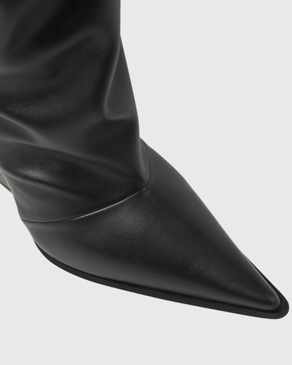 Gaia Ruched Leather Knee High Boots In Black