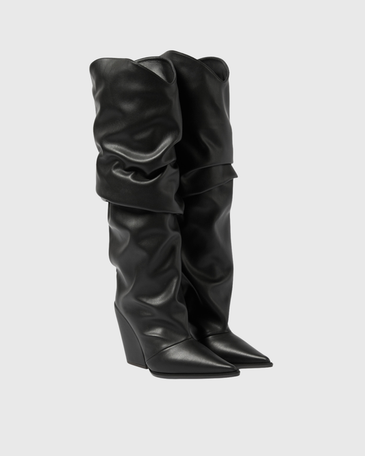 Gaia Ruched Leather Knee High Boots In Black